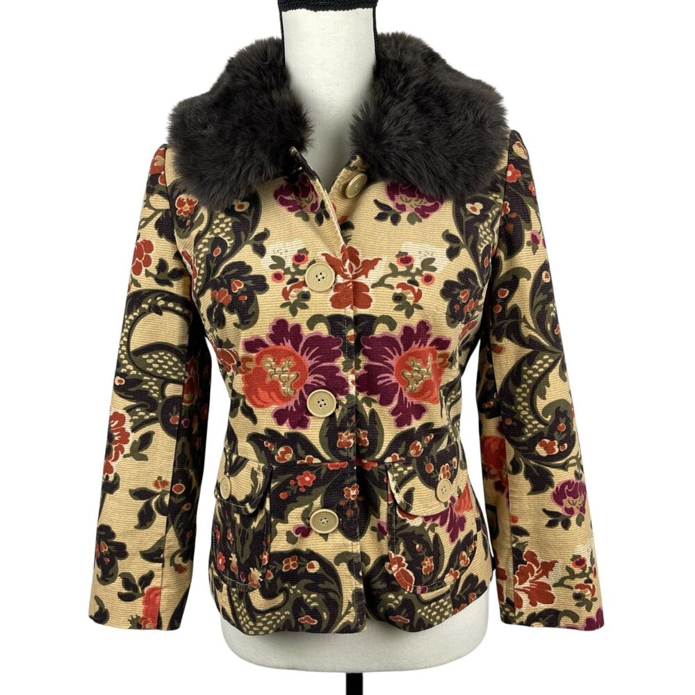 ATL Studio Button Front Jacket Size 2 Floral Faux Fur Collar Boho Statement